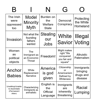 Nativist Bingo Card