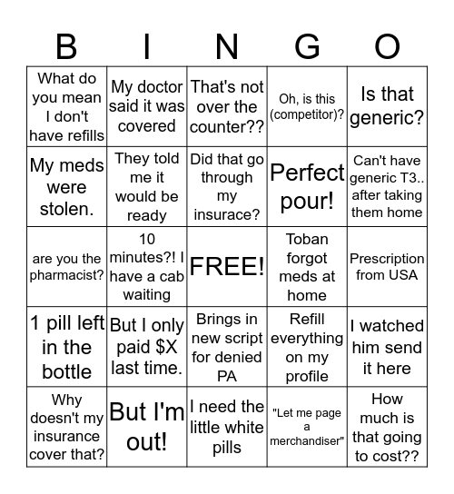 Pharmacy Bingo Card
