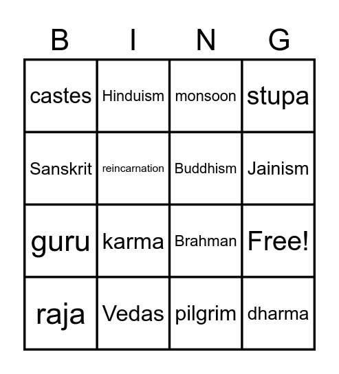 Ancient India Bingo Card