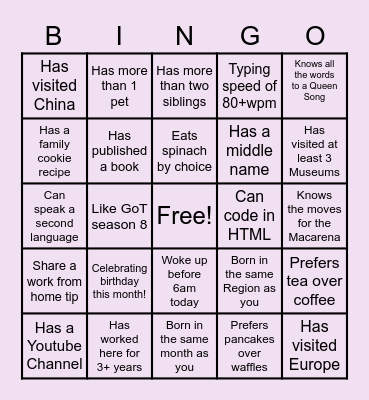 Team Building Bingo Card