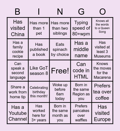 Team Building Bingo Card