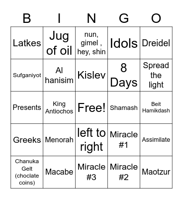 Torah High Chanukah Bino Bingo Card