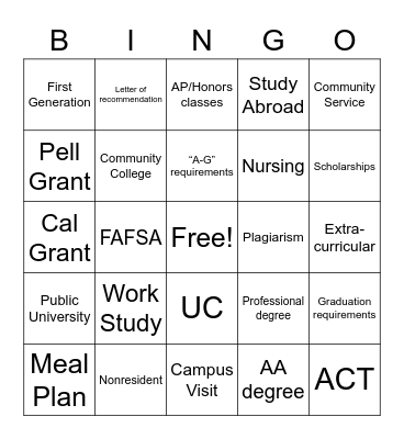 College Terms BINGO Card