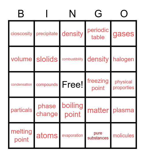 nature of matter Bingo Card