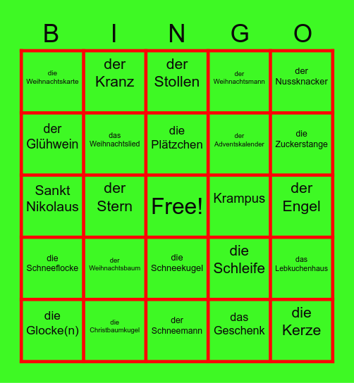 German Christmas Bingo Card