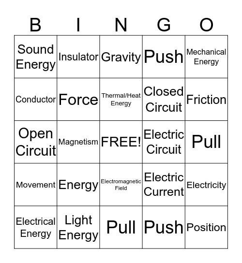 Force, Motion, & Energy Bingo Card