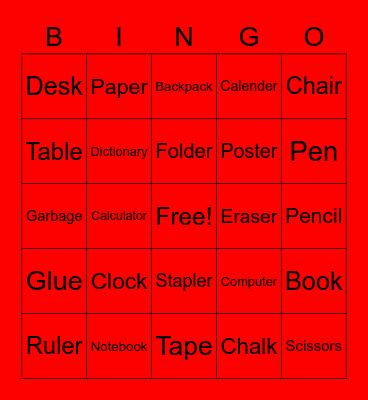 Classroom Items Bingo Card