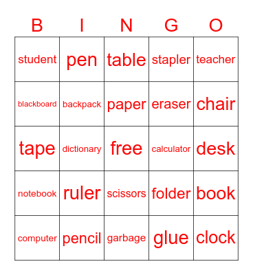 classroom items Bingo Card