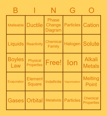 Matter and Periodic Table of Elements Bingo Card