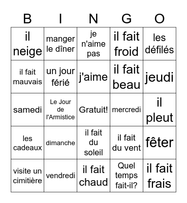 Le Calendrier et Les Fêtes Bingo Card