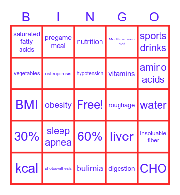 SM1 Sports Nutrition Bingo Card