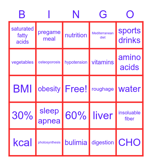 SM1 Sports Nutrition Bingo Card