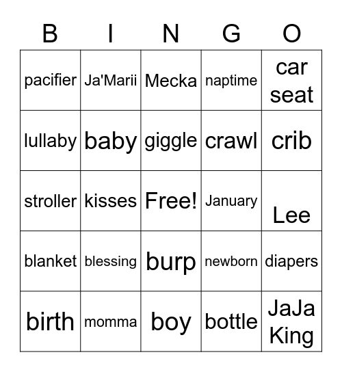 Ja'Marii's Baby Bingo Card