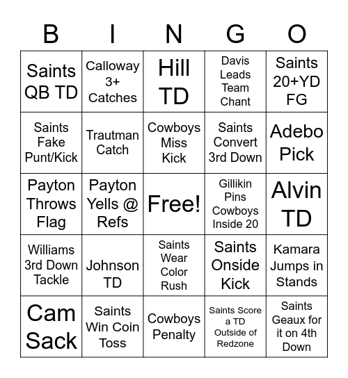 Saints Vs Cowboys Bingo Card