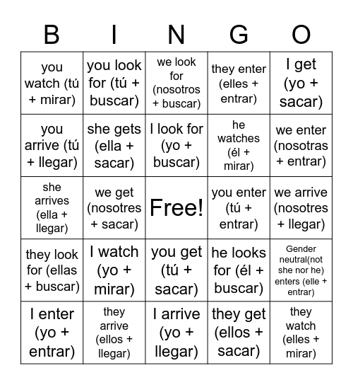 #SIC verb conjugation Bingo Card