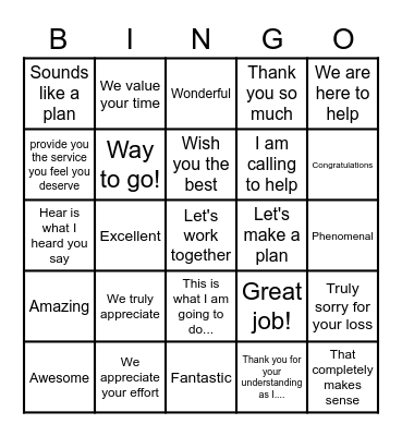 Power Words and Phrases Bingo Card