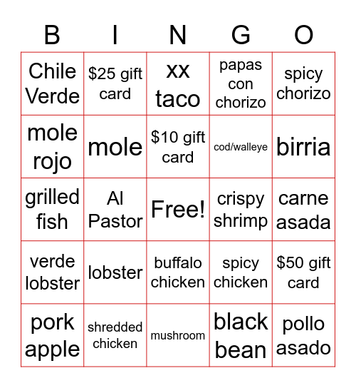 25 Days of Tacos Bingo Card