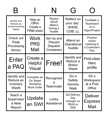 USPS Peak Bingo Card