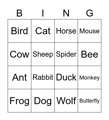 Animals Bingo Card