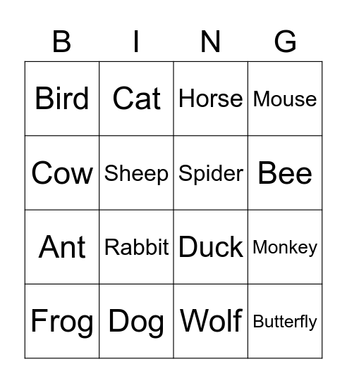 Animals Bingo Card