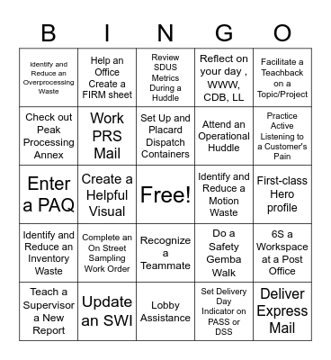 USPS Peak Bingo Card