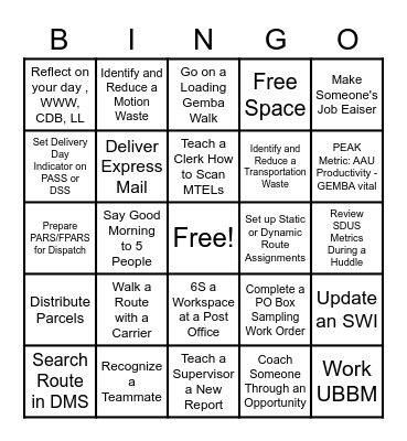 USPS Peak Bingo Card