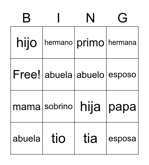 Spanish Family Terms Bingo Card