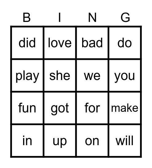 Sight Word Bingo Card