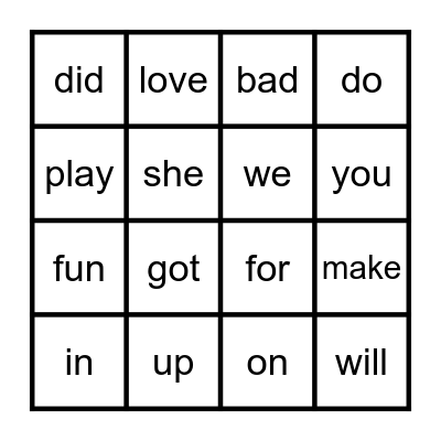 Sight Word Bingo Card