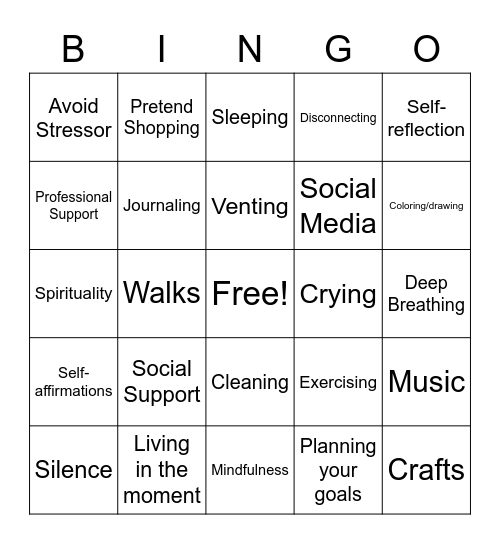 Coping Skills Bingo Card