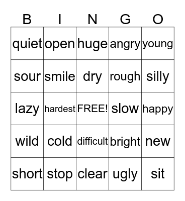 Antonyms Bingo Card