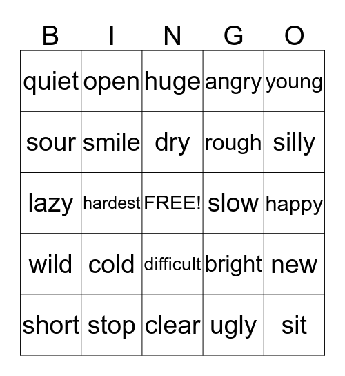 Antonyms Bingo Card