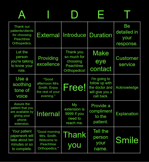 A.I.D.E.T. Bingo Card