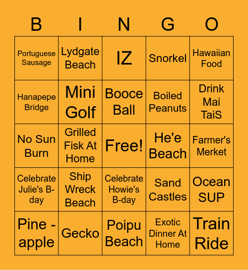 Kauai 2021-2022 Bingo Card