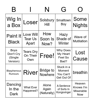 Sad Songs That Sap Bingo Card