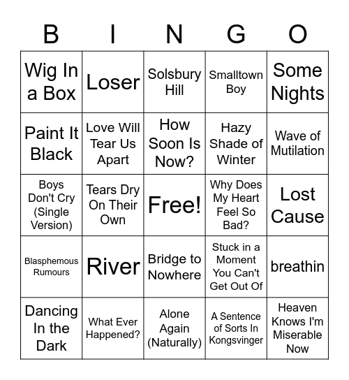 Sad Songs That Sap Bingo Card