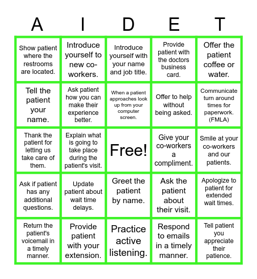 A.I.D.E.T Bingo Card