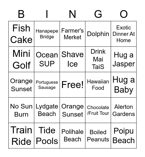 Kauai 2021-2022 Bingo Card