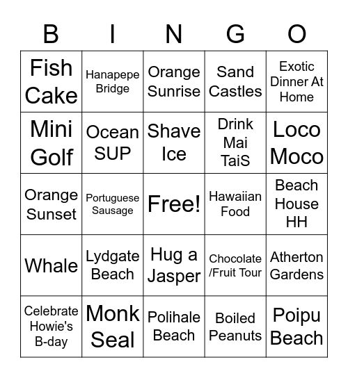 Kauai 2021-2022 Bingo Card