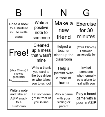Generosity Bingo Card