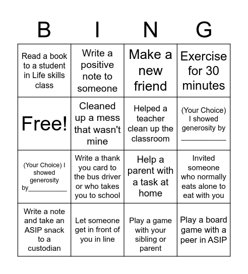 Generosity Bingo Card