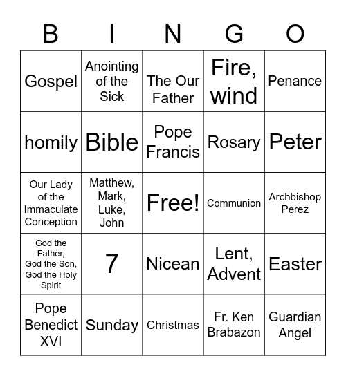 Treasures of Our Faith Bingo Card
