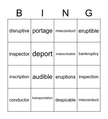 port, spect, duct, script, rupt, aud Bingo Card