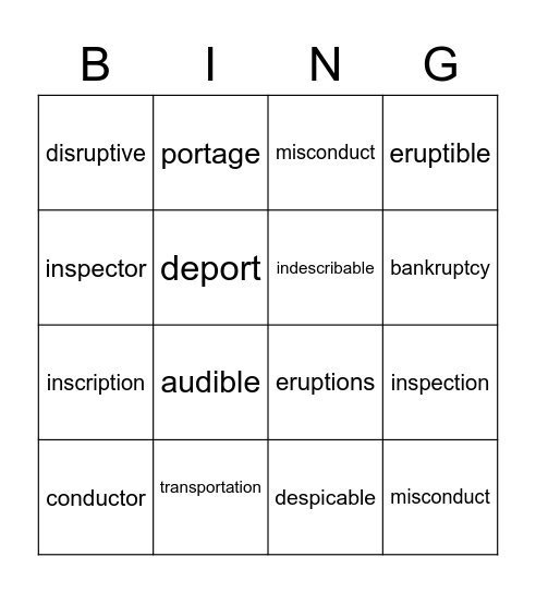 port, spect, duct, script, rupt, aud Bingo Card