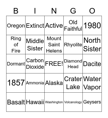 Volcanoes of the United States Bingo Card