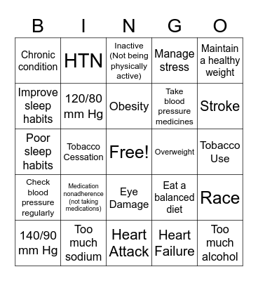 Better Blood Pressure Bingo Card