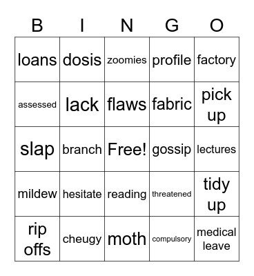 Seba's Vocabulary Bingo Card