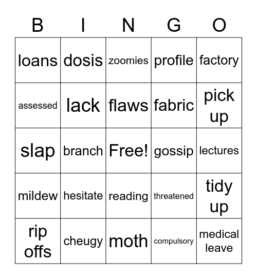 Seba's Vocabulary Bingo Card