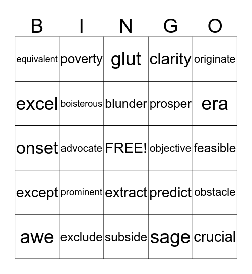 Randy's Vocabulary Review Bingo Card