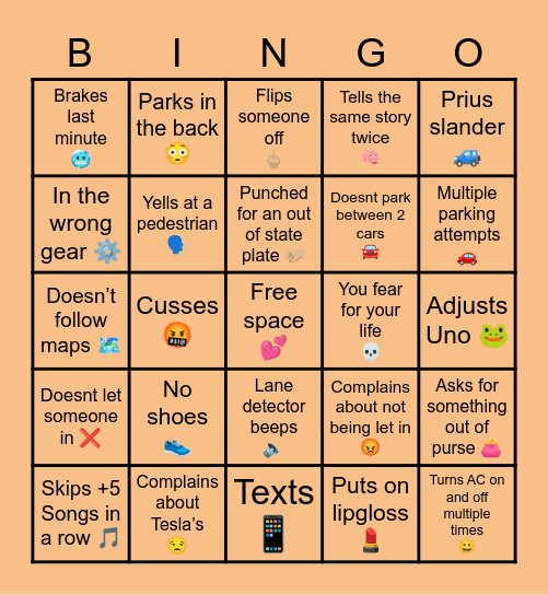 Driving with Athena! Bingo Card